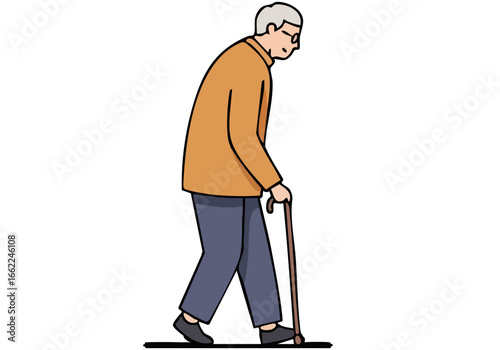 An elderly man walks with a cane, showcasing 'Elder Grace Walk'. A simple, elegant illustration with a soft pastel background. Suitable for lifestyle and design projects.