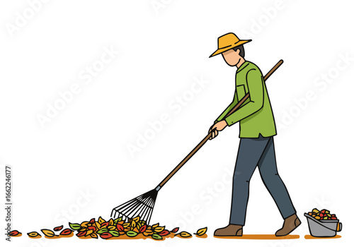 A man rakes fallen leaves in autumn. He wears a hat and work clothes, collecting them in a bucket. A vibrant fall scene with warm colors.