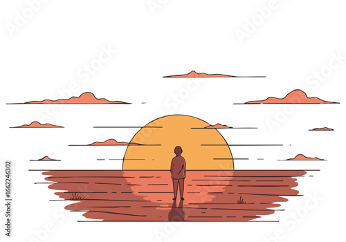 A solitary figure contemplates a vibrant sunset, embodying balance and serenity. Minimalist design, warm tones, and a tranquil landscape create a visually striking composition.