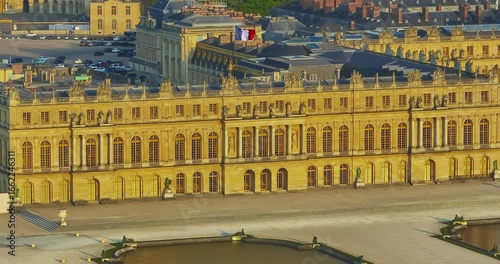 Aerial view of Palace of Versailles and the gardens surrounding it, France