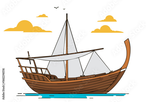 stylized  Viking longship sailing on a calm sea with fluffy clouds Clean lines and a muted color palette create a maritime heritage icon Perfect for travel history or nautical themes