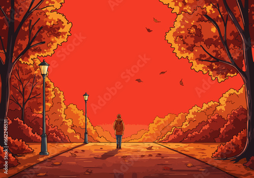 solitary figure enjoys a peaceful autumn stroll through a park lined with trees Warm colors and a calm atmosphere create a visually appealing scene perfect for autumn themes