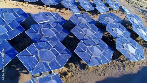 Array of fractured solar panels, hexagonally arranged, on a sandy desert landscape