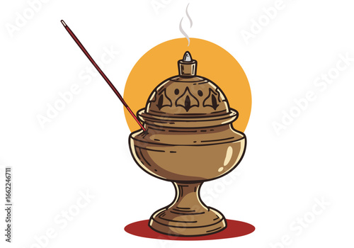 A stylized illustration features an incense burner with smoke rising against a warm, golden backdrop. ?Sacred smoke honor? text adds a spiritual touch. Clean, graphic design.