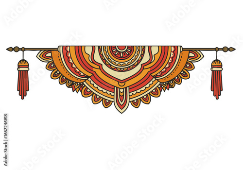 Vibrant decorative banner with intricate mandaldesign and tassels Bold orange background creates a celebratory and joyful aesthetic Suitable for diverse commercial applications