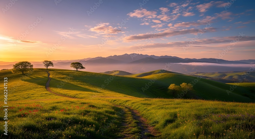 Fototapeta premium Scenic sunset over the rolling hills of tuscany with a winding dirt road