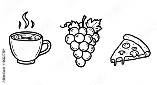 Illustration of coffee cup, grapes, and pizza slice in a playful cartoon style on a white background