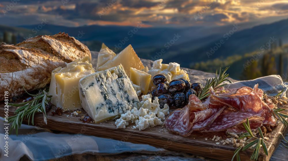 Fototapeta premium Artistic arrangement of cured meats and cheeses, wooden board textures enhanced by warm sunset light, distant clouds and mountains adding breathtaking scenic depth