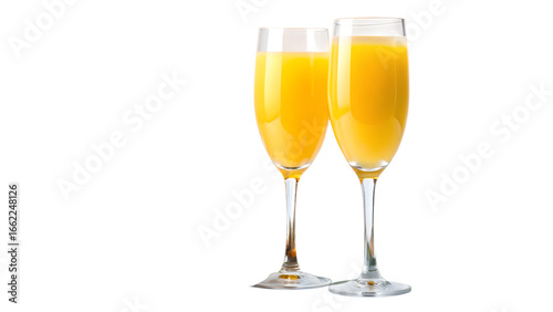 Two glasses of mimosa cocktail isolated on transparent background, perfect for brunch or celebration, drink made with champagne and orange juice