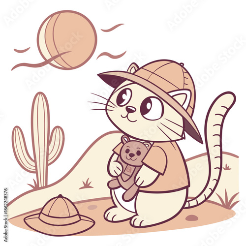 Cute SVG of a Content Scottish Fold in Sundown Glow colors, featuring with a stuffed animal in a Desert sunset setting