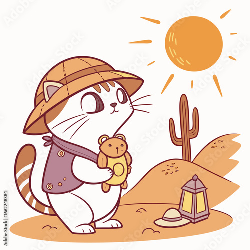 Cute SVG of a Content Scottish Fold in Sundown Glow colors, featuring with a stuffed animal in a Desert sunset setting