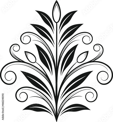Black and white stylized floral arrangement with swirling vines and buds on a white background