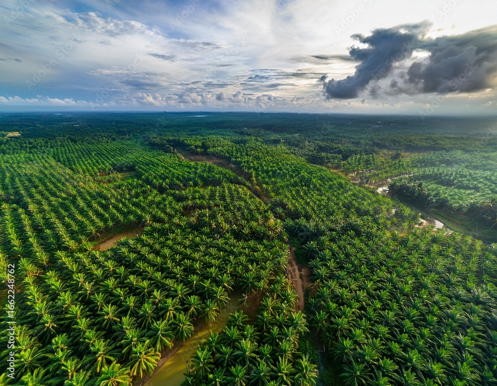 Naklejka premium bird s eye perspective of lush palm oil fields in a tropical region
