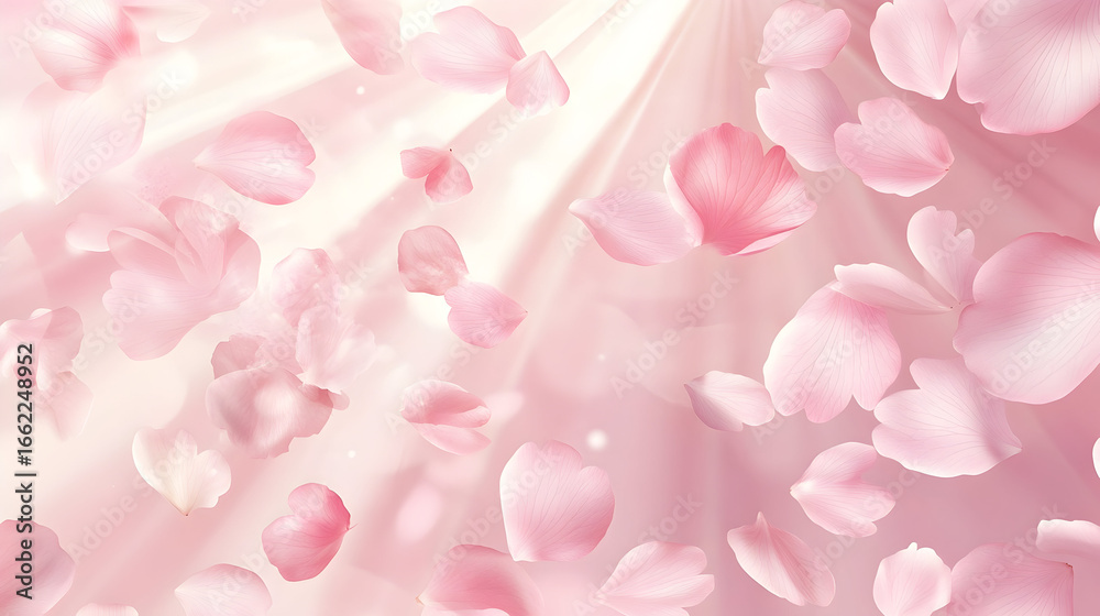 Obraz premium Soft pastel pink background with petals and sunburst rays for romantic designs