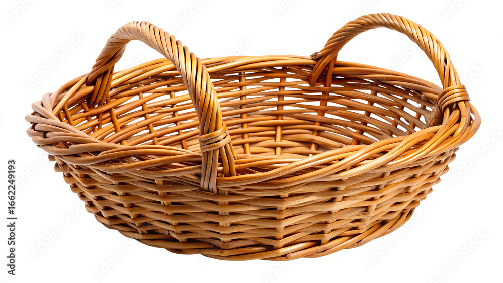 Obraz premium Wicker basket isolated on transparent background, a rustic and traditional container for storage and decoration, empty and handmade