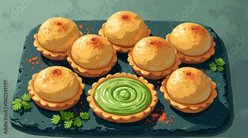Yellow cartoon shows pani puri, indian dishes on a tray. Food photography, website background, social media.