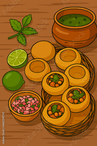 Cartoon pani puri displays on brown wooden surface, good for blog background, social media, or food photography.