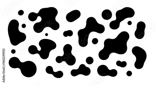 A set of classic black cow spots isolated on a white background. This versatile animal print vector pattern is ideal for farm themes, fabric design, and creative backdrops.