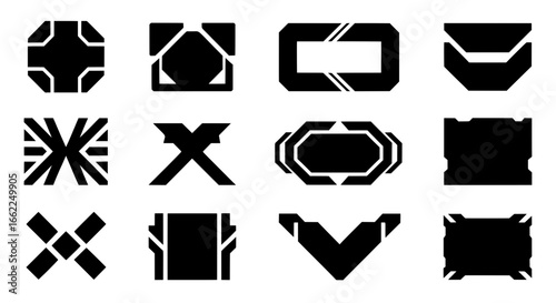 Set of modern sci-fi emblems. Vector collection of black abstract geometric icons for futuristic technology branding, digital interface design, or video game graphics.