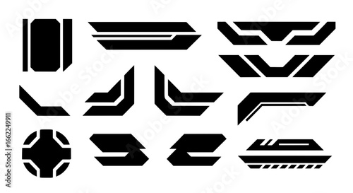 A modern collection of sci-fi shapes and abstract geometric elements. Black vector graphics perfect for futuristic social media posts, tech branding, gaming logos, or HUD designs.