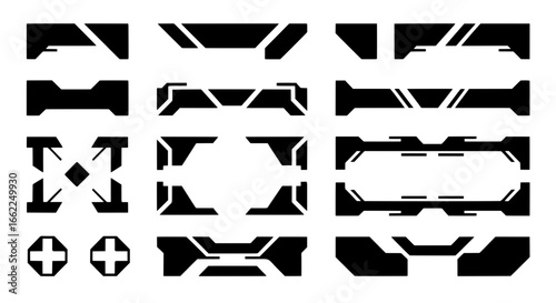 Set of black abstract futuristic shapes and frames. Vector illustration collection of isolated sci-fi tech elements for UI, HUD, cyberpunk graphics, and modern interface design.