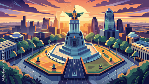 Aerial view reveals historical landmark Monument to the Revolution standing proudly at Plaza de La Republica, Mexico City, Mexico, dusk sky glowing, architectural grandeur shimmering, cultural heritag