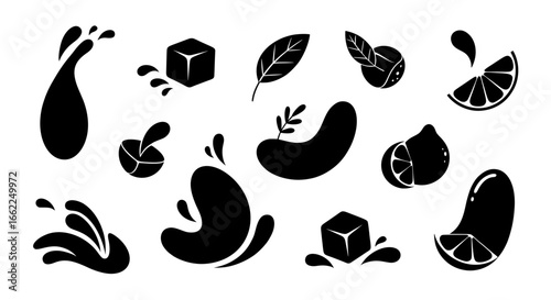 Set of black silhouette icons for fresh summer drinks. Includes lemon, lime, mint, ice cubes, and water splashes. Vector graphic elements for juice or cocktail branding.