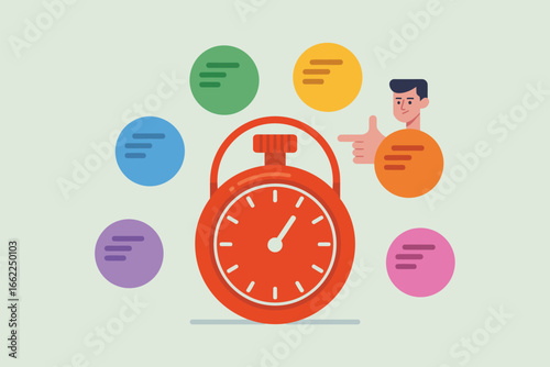 An orange stopwatch surrounded by colorful circles and a man pointing his finger to the right side