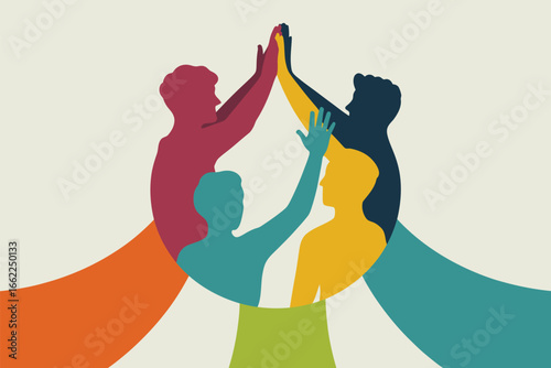 Colorful silhouettes of people giving high fives and raising hands in a circle formation graphic art