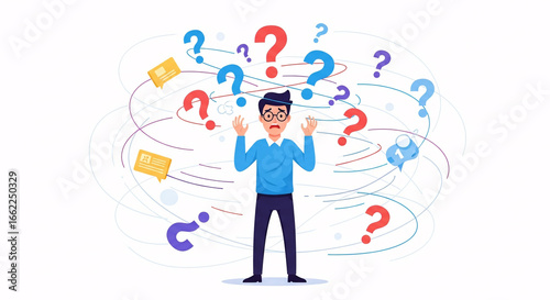 Confused man surrounded by question marks, uncertainty stress and decision making problem concept illustration
