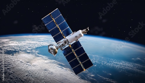 a small spy satellite is floating in low earth orbit with a clear detailed camera