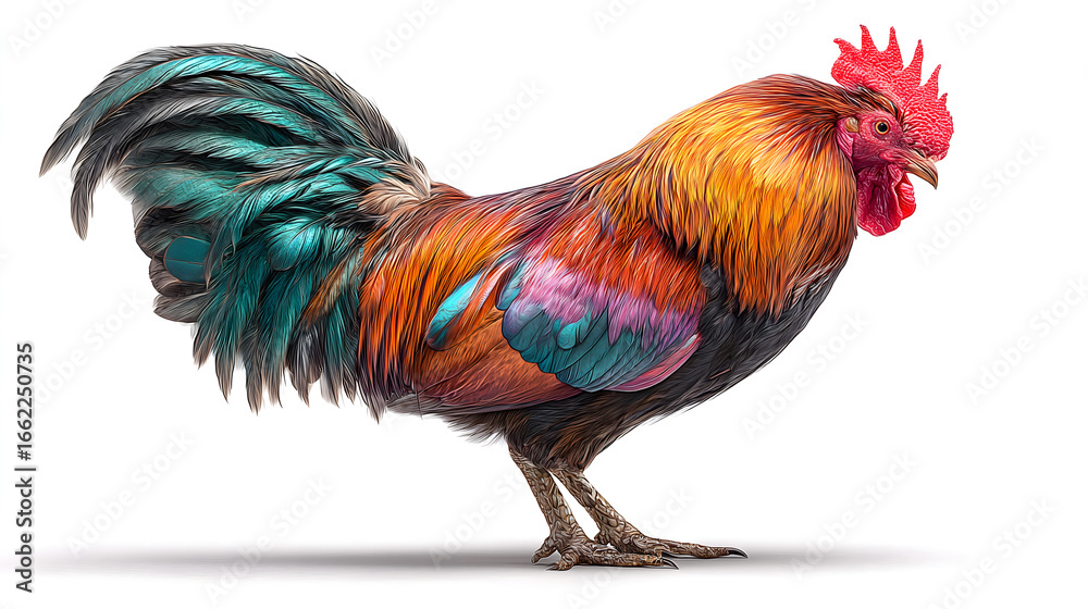 Fototapeta premium Colorful Rooster Standing Isolated on White Background