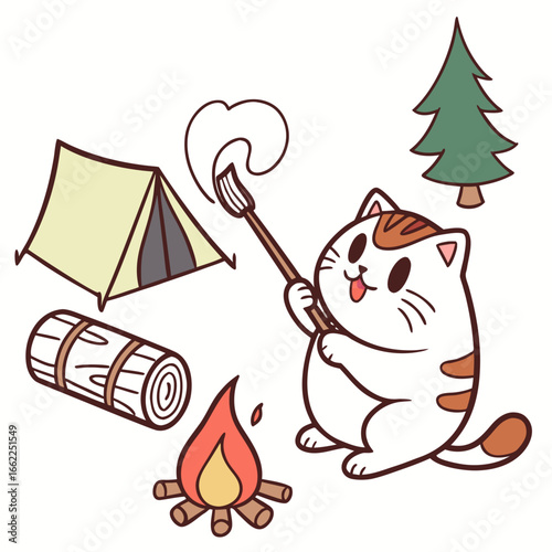 Cute Bashful Scottish Fold, accessorized with holding a paintbrush, in a Camping trip world – Campfire Glow palette vector