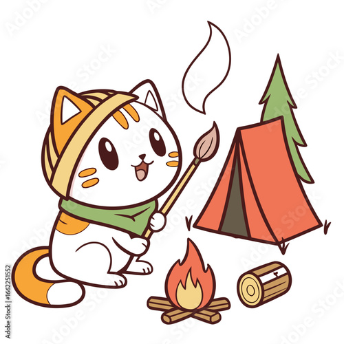 Cute Bashful Scottish Fold, accessorized with holding a paintbrush, in a Camping trip world – Campfire Glow palette vector
