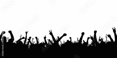 Silhouette of a cheering crowd with raised fists and peace signs