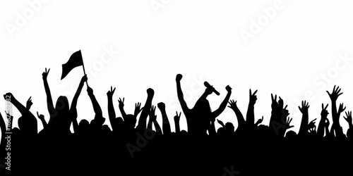 Silhouette of a crowd with a flag and microphone cheering