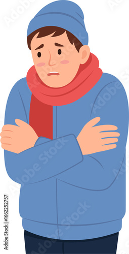 Man shivering and suffering from frost. Winter season. Low temperature. Unhappy trembling person.
