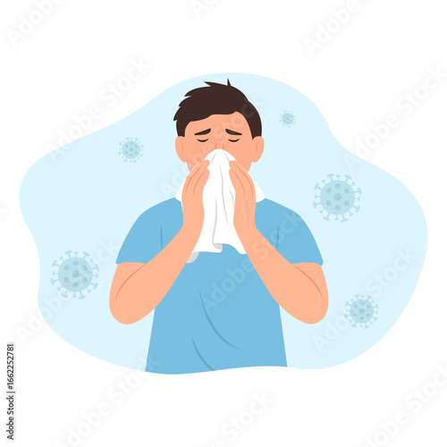 Man is sneezing. 
Concept of illness, sickness, cold and flu, fever, cough, unwell, sick symptom, health care. Flat vector illustration character.