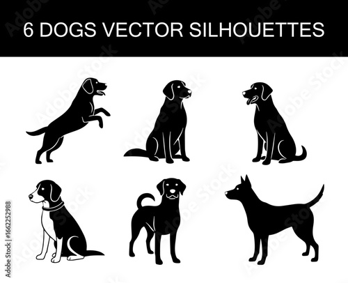 set of 6 dogs black silhouettes, vector file