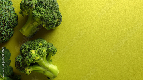 Color background features flat lay composition with fresh green broccoli, space for text.
