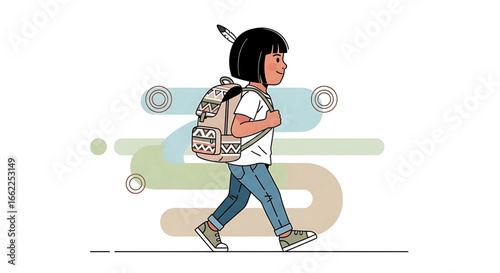 A young student strides forward with a backpack adorned with geometric patterns ready for school and she is going on her daily journey to learn new things with optimism