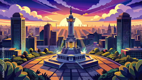 Aerial view reveals historical landmark Monument to the Revolution standing proudly at Plaza de La Republica, Mexico City, Mexico, dusk sky glowing, architectural grandeur shimmering, cultural heritag