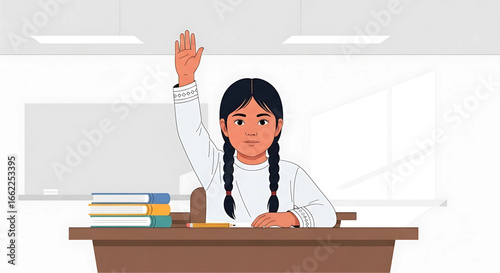Young student with raised hand showcasing classroom engagement and eagerness to participate in a learning environment promoting active learning and knowledge acquisition