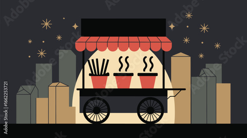 A food cart with three pots of steaming food in front of a city skyline under a starry night sky