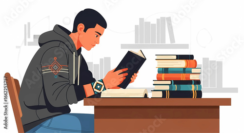 A focused young scholar delves into a book, surrounded by a stack of knowledge, absorbing information in a moment of concentrated study and exploration