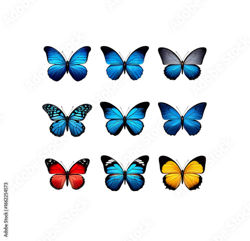 Collection of Vibrant Blue and Red Yellow Butterflies in Detailed Artistic Illustration