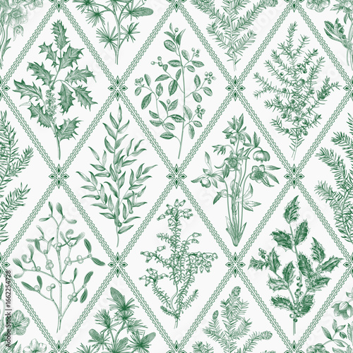 Floral trellis. Seamless vector pattern. Winter flora. Green and white