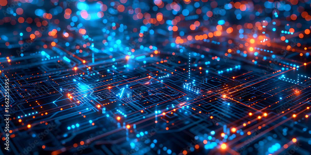 Obraz premium Abstract digital circuitry with glowing blue and orange lights