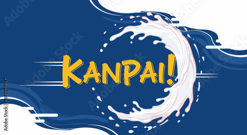 Japanese toast 'Kanpai!' in vibrant yellow font, encircled by a dynamic white liquid splash on a blue background.