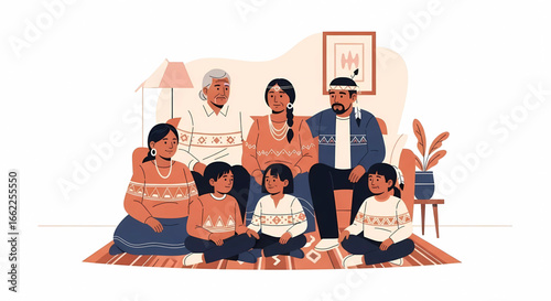 A Vibrant Depiction of an Indigenous Family Gathering Warmly at Home in a Beautifully Illustrated Scene Showcasing Generations Togetherness and Cultural Heritage